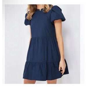 Hyacinth House Dress Navy Front Zip Mini Dress Puff Sleeves Size Small
